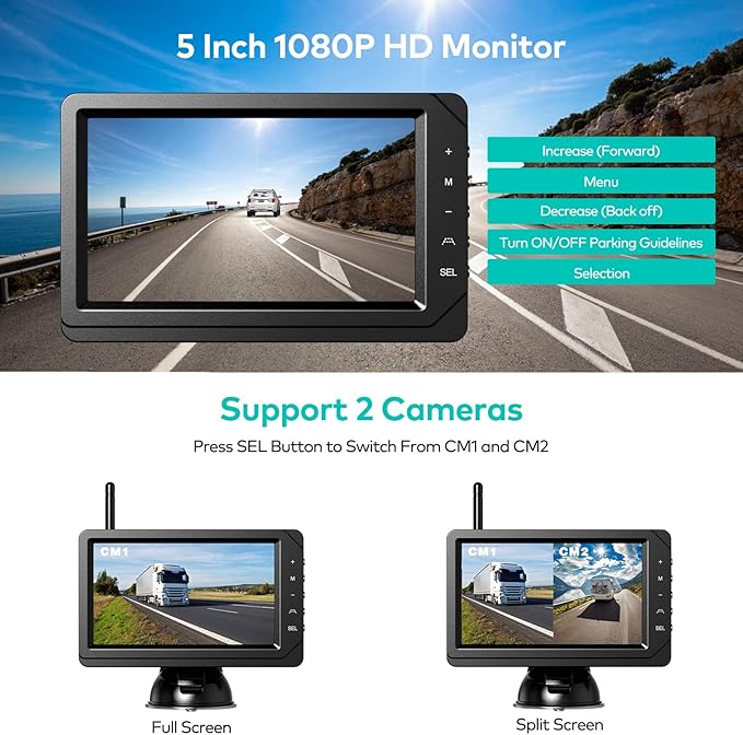 Backup Camera for RV, Split Screen 5 Inch HD Monitor W/Wireless License Plate Backup Camera & Wireless Rear View Camera, IR Night Vision Waterproof For Trailer, 5th Wheel