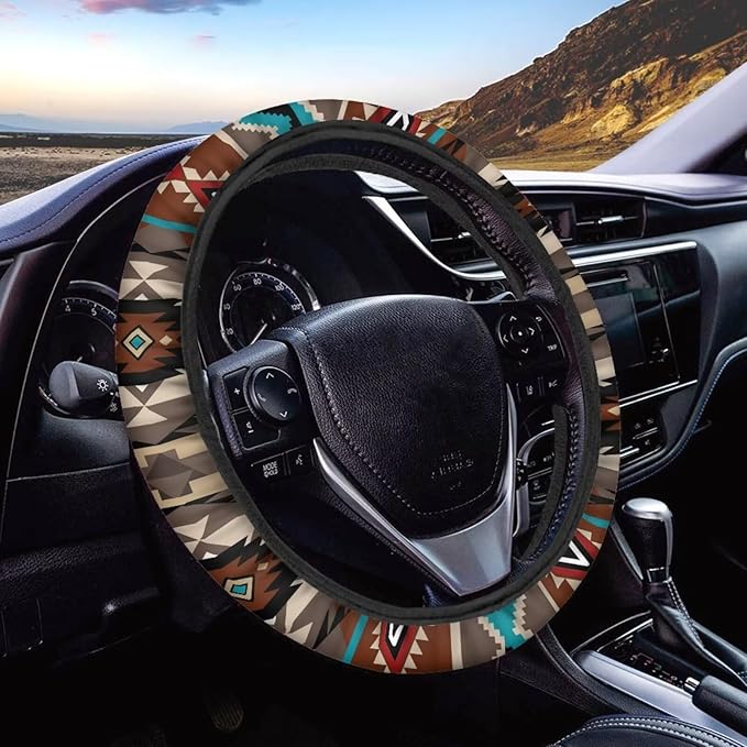 SEANATIVE Brown Aztec Car Steering Wheel Cover, Anti-Slip, Safety, Soft, Breathable, Universal Car Steering Wheel Dust Cover, Easy to Disassemble