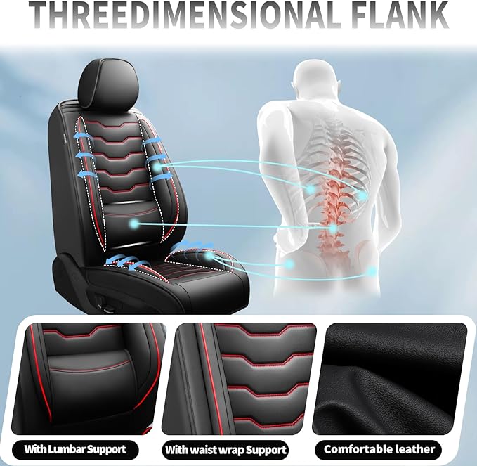 Fit Kicks Car Seat Covers， Compatible with Nissan Kicks 2018-2026 -Premium Leather, Waterproof Breathable All-Weather Seat Cushion Protector Airbag Compatible（2 Seats Front Pair，Red Line Black