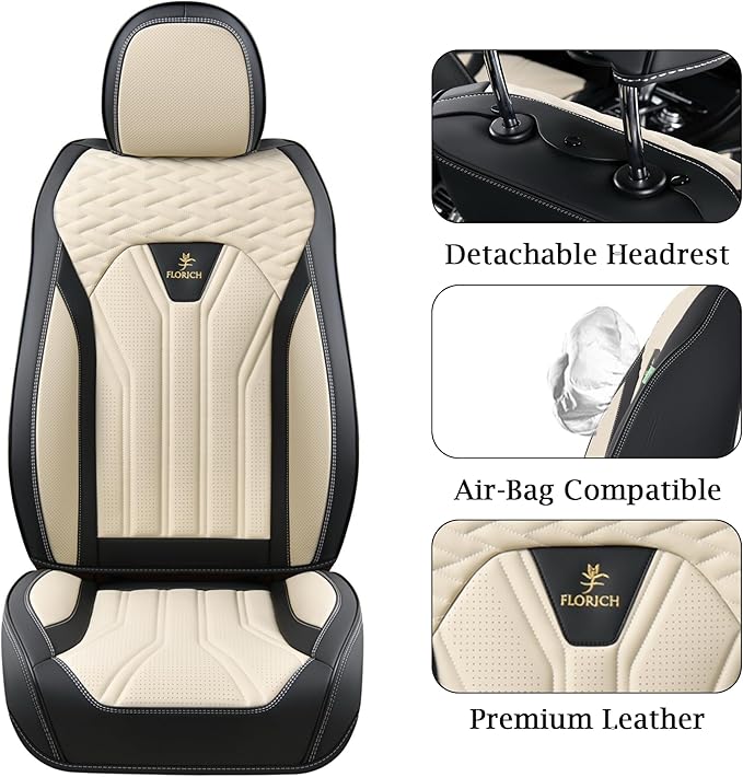 FLORICH Seat Covers for Cars, Waterproof Seat Covers, Leather Car Seat Covers 2 Pack, Universal Seat Cushion Protector for Most Cars Trucks SUV-Black&Beige