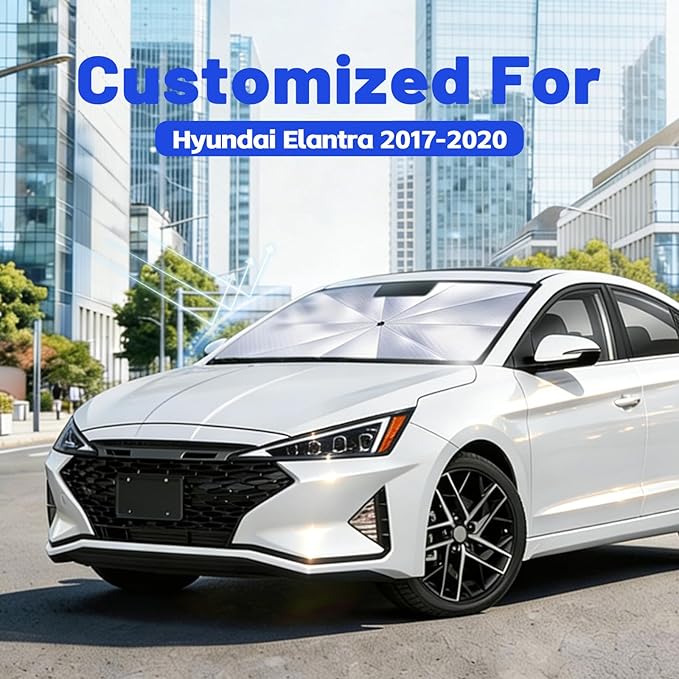 Car Windshield Sun Shade for Hyundai Elantra 2017-2020 –[Reflective Coated Fabric] Sunshade Umbrella for Front Window, Car Shades Sun Visor Keep Car Cool and Protects Interior, 1:1 Exact Fit