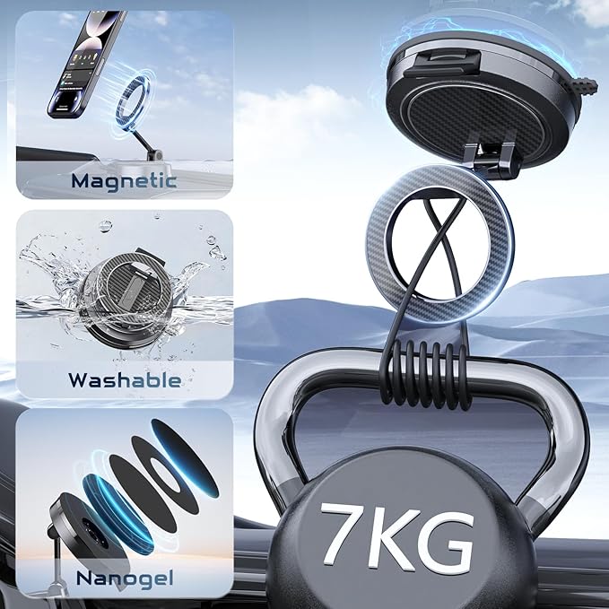 Strong Magnetic Phone Holder for Car & Desk, Compatible with MagSafe, Secure Lock, Universal 360° Rota-Table Car Phone Mount for Dashboard, Glass, Table, Carbon Fiber