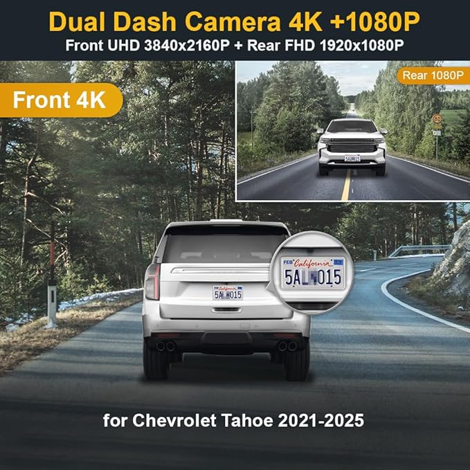 Fitcamx Front 4K+Rear 1080P Dash Cam Adapts for Chevy Tahoe 2021-2026 (HD2-4925, 6 or 8 Vents) LS LT RST Premier High Country, OEM Style, Dual HD Video, WiFi&APP, Loop Recording, G-Sensor, 128GB Card