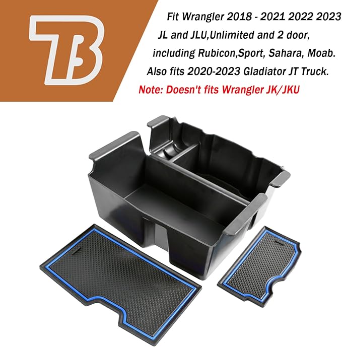 TACOBRO Center Console Organizer Compatible with Jeep Wrangler JL & JLU 2018 2019-2024 2025 2026 Accessories, Gladiator JT Truck 2020 2021 2022 2023-2026 Insert Tray Armrest Storage Box, Blue