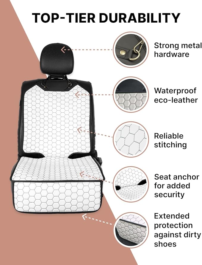 Owleys Set Seat Back Organizer & Car Seat Protector Hexy Waterproof & Non-Slip Protector for Child Car Cushion for Leather and Fabric Seats (White)