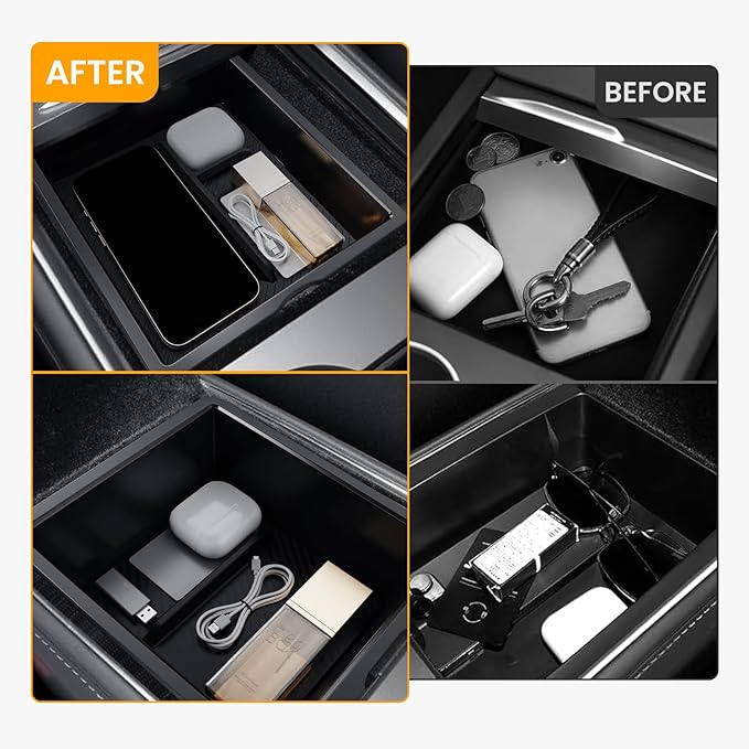 BANKKY Center Console Organizer for Tesla Model 3 Highland 2024-2026 & Model Y Juniper 2025-2026, 2PCS Armrest Storage Tray with Anti-Slip Liner, ABS Black Tesla Accessories