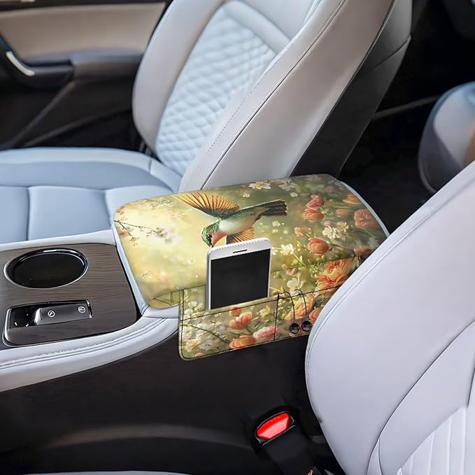 Car Center Console Cover with Side Pockets, Hummingbird Floral Soft Auto Armrest Cushion, Memory Foam Arm Rest Protector, Universal Seat Box Cover Car Interior Accessories
