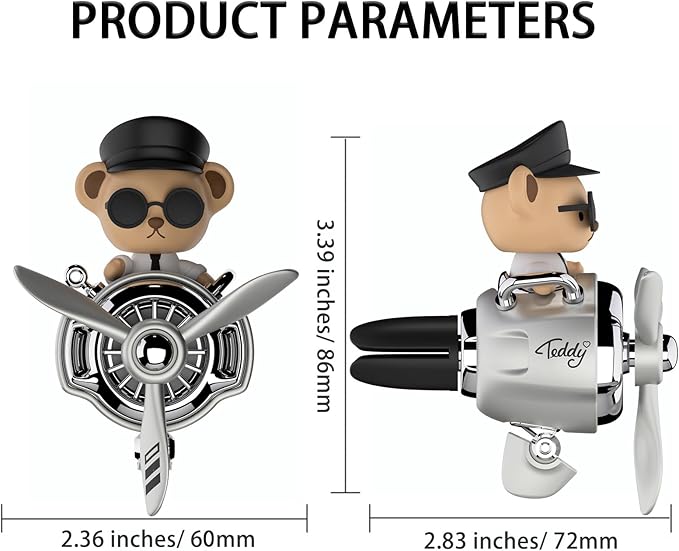 Pilot Car Air Freshener, Cute Bear Car Vent Clip Air Freshener Automotive Air Outlet Fan Diffuser, Automotive Interiors Vent Decoration (Shake Head Style - Silvery)