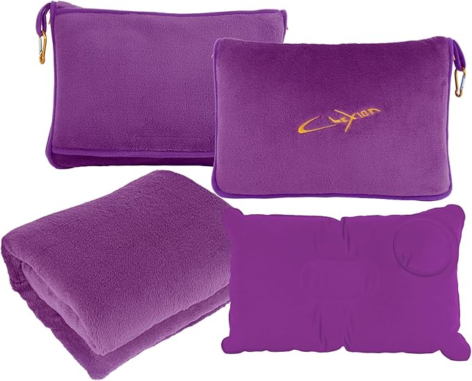 Travel Blanket & Pillow Set, 300 GSM Soft Fleece, 60x43 Inches, 3-in-1 Airplane Blanket, Travel Pillow and Blanket Set, Travel Blanket Airplane Compact with Bag, Travel Essentials, Violet
