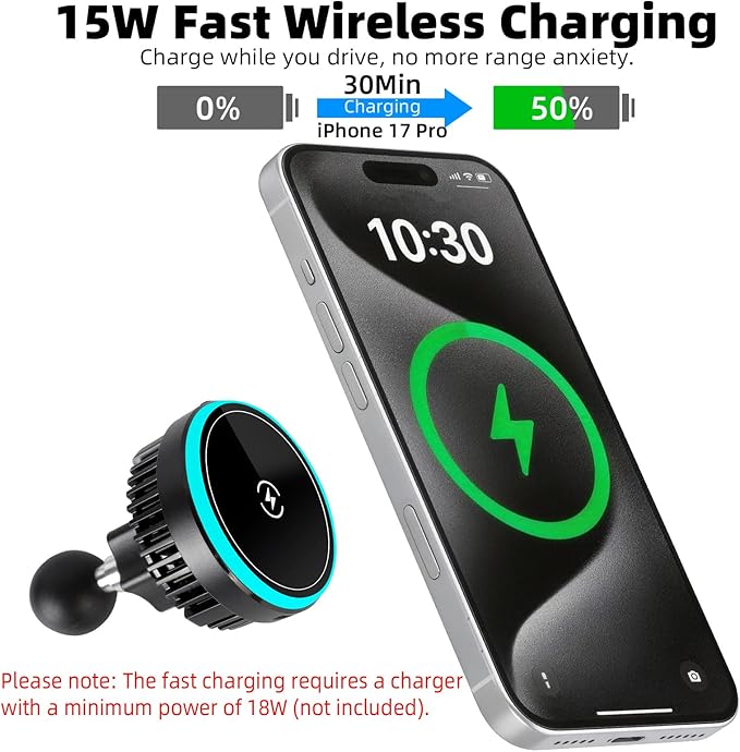 Magnetic Wireless Charging Phone Holder with 1" Ball for RAM Mounts, 15W Fast Charger with TEC & Fan Dual Cooling for Magsafe iPhone 17/16/15/14/13/12 Series, Fits RAM B-Size Double Socket Arm