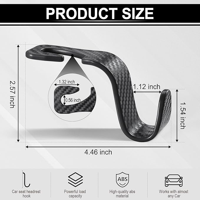 LivTee Car Purse Hook, 4 Pack Universal Auto Seat Headrest Hook Hangers Organizer for Coats, Umbrellas, Groceries - Carbon Fiber Black | Universal, Hangers, Organizer, for Coats, Umbrellas, Groceries