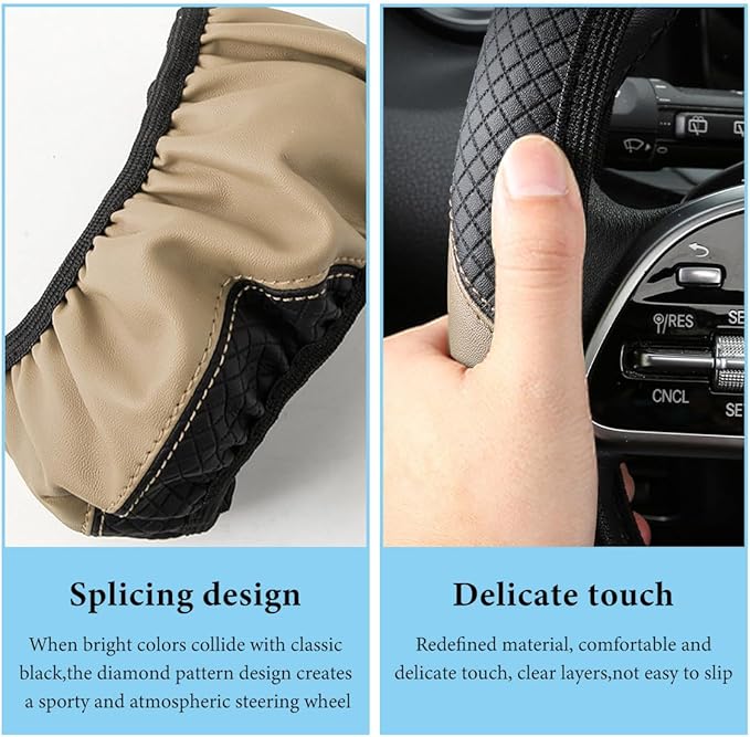 Car Steering Wheel Cover, 15 Inch Anti-Slip Stretch Leather Steering Wheel Protector, Comfortable Breathable Sporty Steering Wheel Cover for Women Men, Car Accessories (Beige, AD)