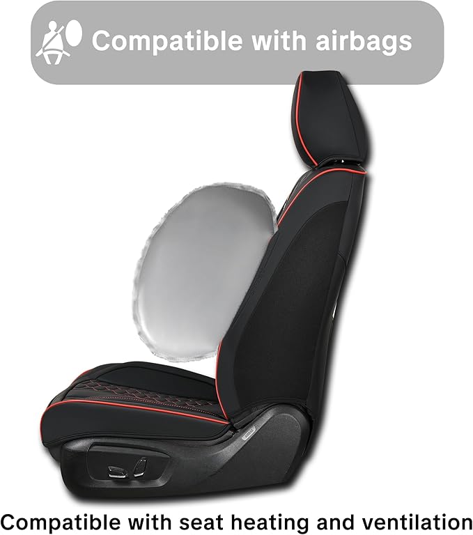 Universal Car Seat Covers, Black with Red Trim, Premium Nappa Leather, with Lumbar Support, Waterproof, Full Set, Non-Slip, Contoured Fit, Airbag Compatible, Fits Suvs, Sedans, Pickup Trucks