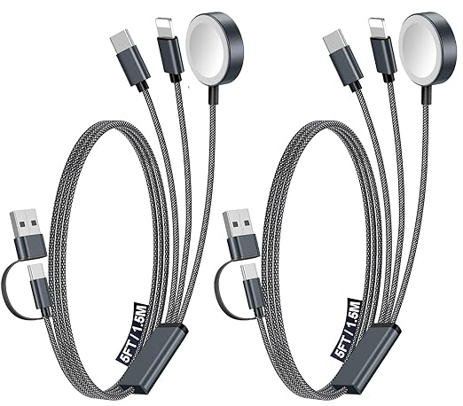 2Pack Multi Charging Cable Cord for Travel Essentials,Apple Watch Charger,iPhone Charger,[3-in-2] Type C/Lightning Cable Portable Designed for iWatch,iPhone 17-8,Galaxy S25-21,AirPods,iPad-1.5M Black