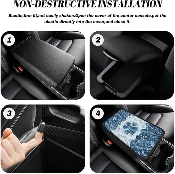 Boho Mandala Dog Paw Pattern Car Armrest Cover with Side Pockets Stretchy Car Armrest Cushion Wear-Resistan Automobile Box Cover Protector Center Console Armrest Cover Pad, Blue