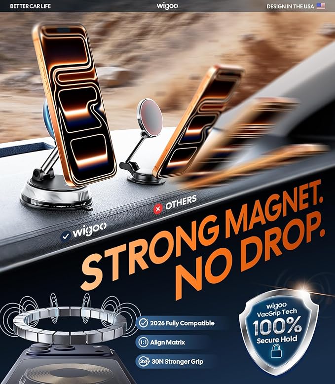 Wigoo 2026 Upgraded Car Phone Holder for Magsafe [98LBS Suction & 3000gf Magnetic] 360° Adjustable Car Mount, Cell Phone Holders for Your Car, for iPhone 17 Pro Max 16 15 14 13 12 Plus, Carbon Fiber