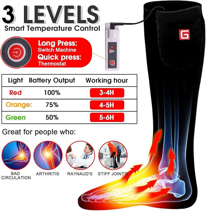 Autocastle Heated Socks for Men Women - Rechargeable Battery Electric Socks for Chronically Cold Feet - Winter Warm Thermal Washable Unisex Foot Warmer for Hunting Skiing Cycling