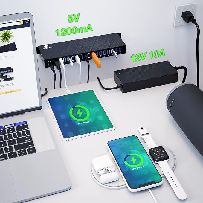 USB 3 0 Hub - 16 Ports Powered USB Hub - Desktop USB Expander Hub - up to 5Gbps High-Speed USB Splitter for Multiple Devices - Aluminum Alloy Multiple USB Hub w/AC Adapter for Laptop Phone Tablet PC