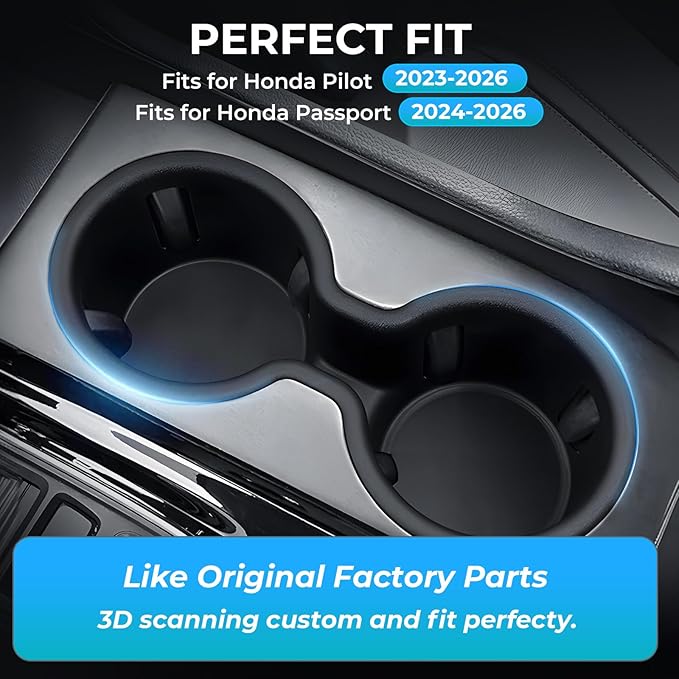 Car Center Console Cup Holder Inserts for Honda Pilot 2023-2026 & Passport/Ridgeline 2024-2026, TPE Interior Accessories Cup Holder Protector for 23-25 Pilot & 24-26 Passport/Ridgeline, Black