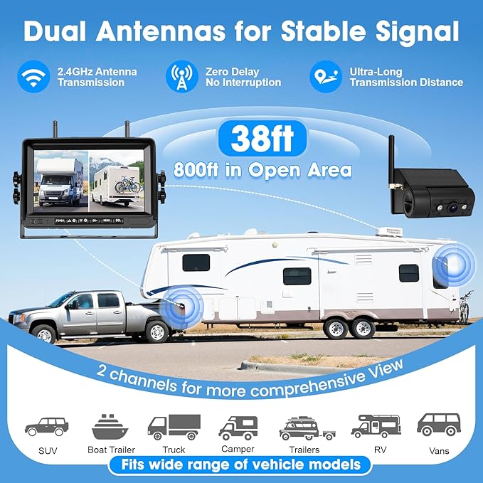 2 Magnetic Wireless Backup Camera: 3 Min Install 7" HD1080P Monitor, Rechargeable No Wiring Scratch-Proof Waterproof IR Night Vision Solar Wireless Backup Camera for Trucks/RV/Trailer/Camper/SUV