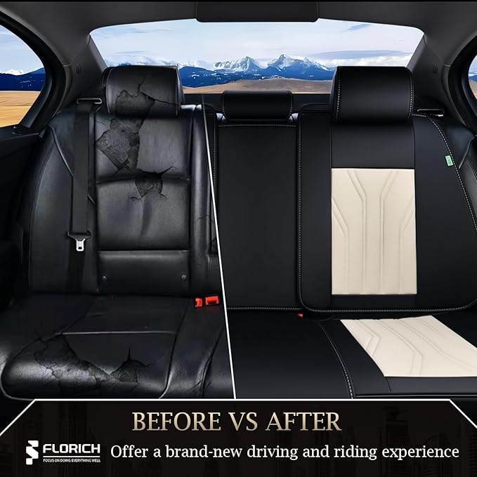 FLORICH Rear Automotive Seat Covers Leather Car Seat Covers Waterproof Back Seat Cover Universal Seat Cushion Protector for Most Cars Trucks SUV-Black&Beige