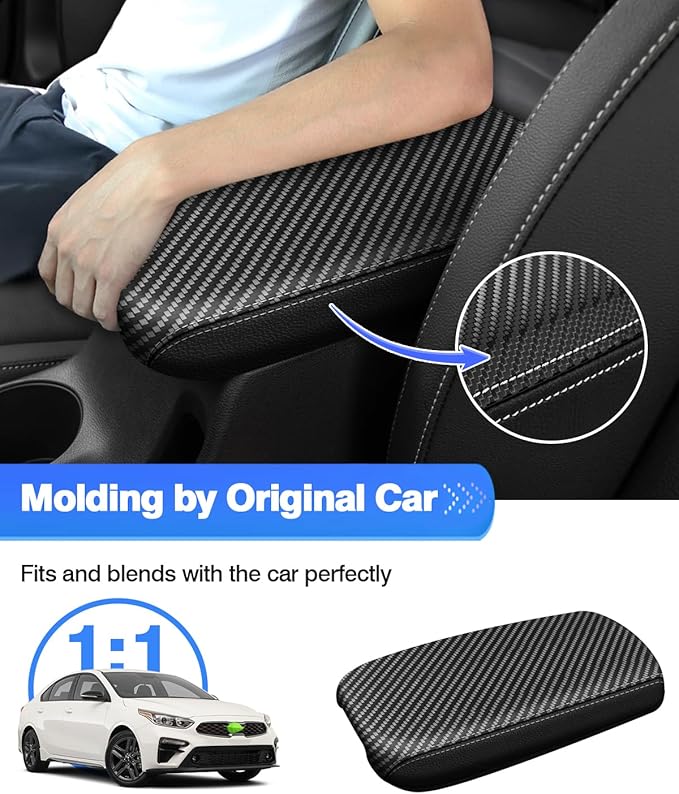 Autorder Center Console Cover for Kia Forte 2019-2024 Accessories Carbon Fiber Armrest Cover Anti-Scratch Middle Console Pad Leather Armrest Protector