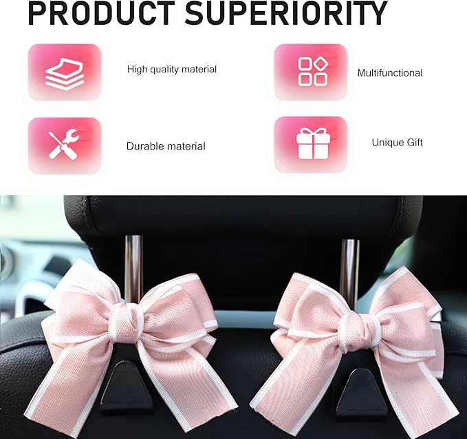 2 PCS Car Seat Headrest Hooks, Cute Bow Back Seat Storage Hangers for Handbag Purse Coat, Universal Auto Organizer Hooks (Pink Line)