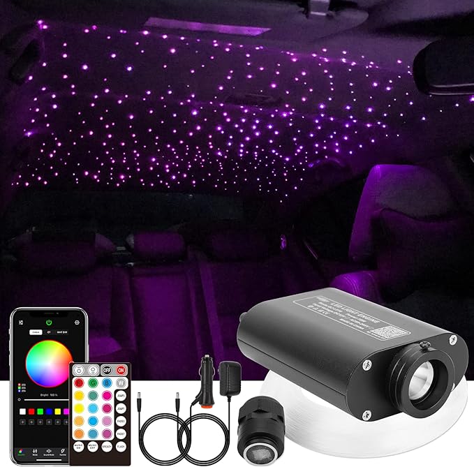 CHINLY 16W 550pcs 13.1ft 0.03in Bluetooth APP/Remote RGBW LED Fiber Optic Star Ceiling Lights Kit +Adapter+Cigarette Lighter for Car/Home Theater