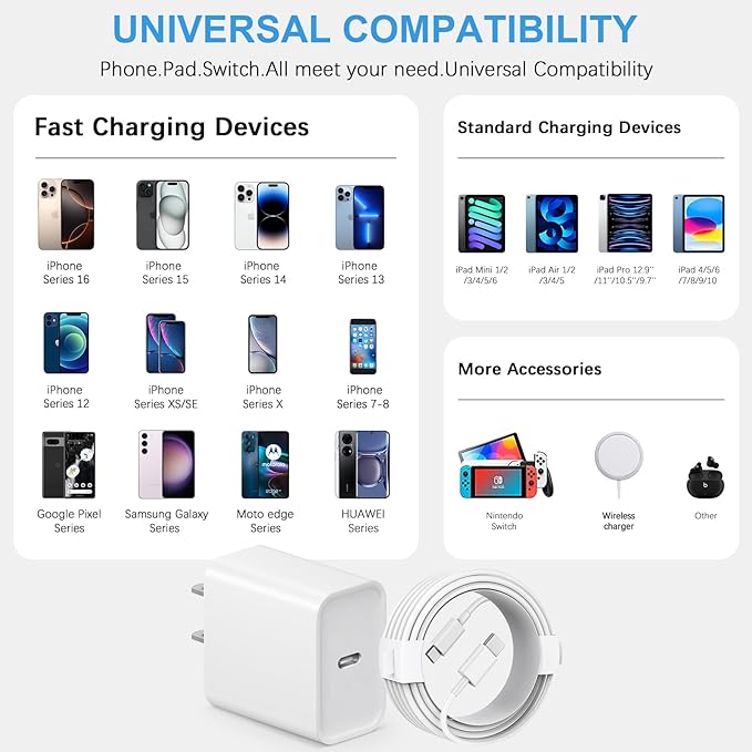 iPhone 17 16 15 Charger Fast Charging 3+3Pack Type C Charger USB C Chargers Block with 10FT Cable for iPhone Air/17/17 Plus/17 Pro/17 Pro Max/16/16 Plus/16 Pro/16 Pro Max/15/15 Pro Max/iPad Pro(White)