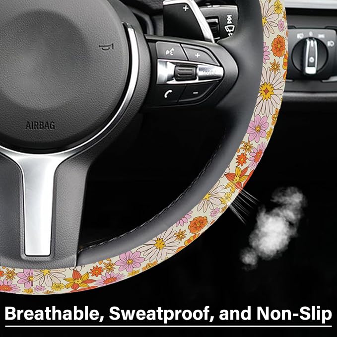 Colorful Daisy Steering Wheel Cover, Orange Floral Print Steering Wheel Cover Protector for Women, Ultra-Thin with Personalized Pattern Design, for Steering Wheel with a Diameter of 14.5"-15"