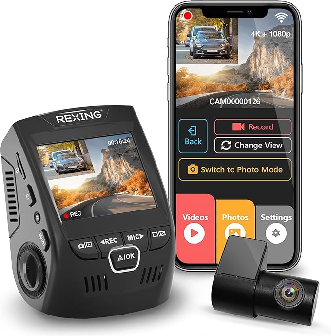 RexingUSA V1P 4K Dual Channel Dash Cam 4K+1080p w/Wi-Fi, 2.4” LCD, 170° Wide Angle, Rear Camera, Supercapacitor, G-Sensor, WDR, Loop Recording, Mobile App