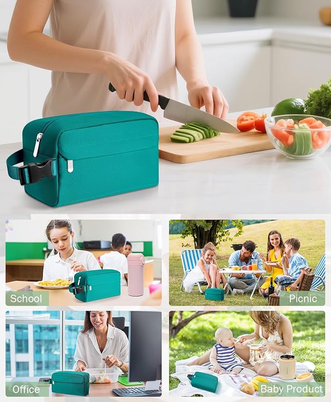 Small Insulated Snack Bag Lunch Bag for Kids Lunch Box for Women/Men, Collapsible [3L/5-Can] Reusable Lunch Bag Cooler Bag for Bottle with Handle Buckle for Work/School/Travel,Peacock Green