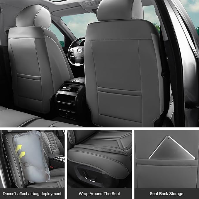 Car Seat Covers, Premium Leather Car Seat Covers, Waterproof and Breathable Seat Covers, Universal Car Seat Protector Fit for Cars, Trucks, SUVs, Pick-ups (Gray, FullSet)