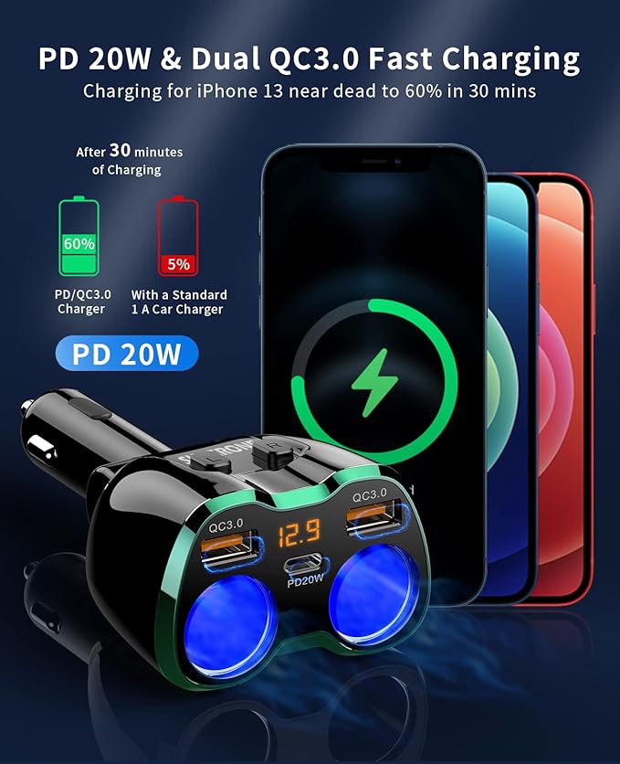[2025 Upgraded] Cigarette Lighter Splitter, SUPERONE 180W 2-Socket Cigarette Lighter Adapter with Dual QC3.0 and 20W PD USB C Car Charger Splitter for GPS/Dash Cam/Laptop/iPad/iPhone 17/16/15/14/13/12