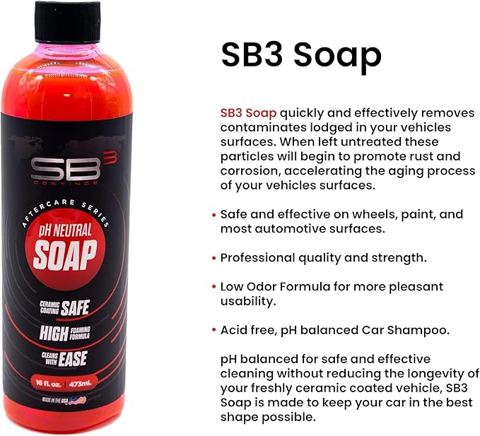 SB3 Soap Advanced Car Shampoo - pH Balanced, Surface Safe Car Wash Concentrate Soap with Particle Technology for Ceramic Coatings, (16oz)