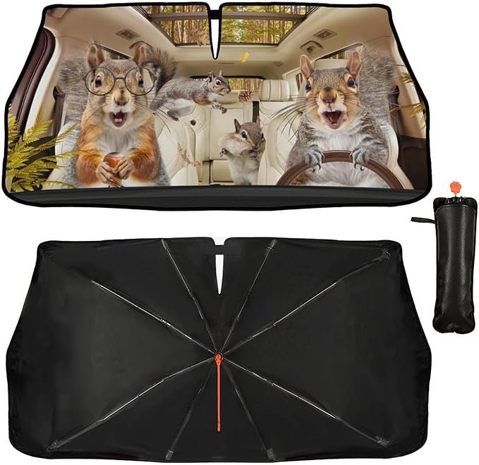 CHILL·TEK Funny Animal Car Windshield Sun Shade Umbrella, Funny Squirrel Car Sun Shade Umbrella, Block UV Rays Heat Foldable Windshield Umbrella Sun Visor Protector - Keep Vehicle Cool for Cars SUV