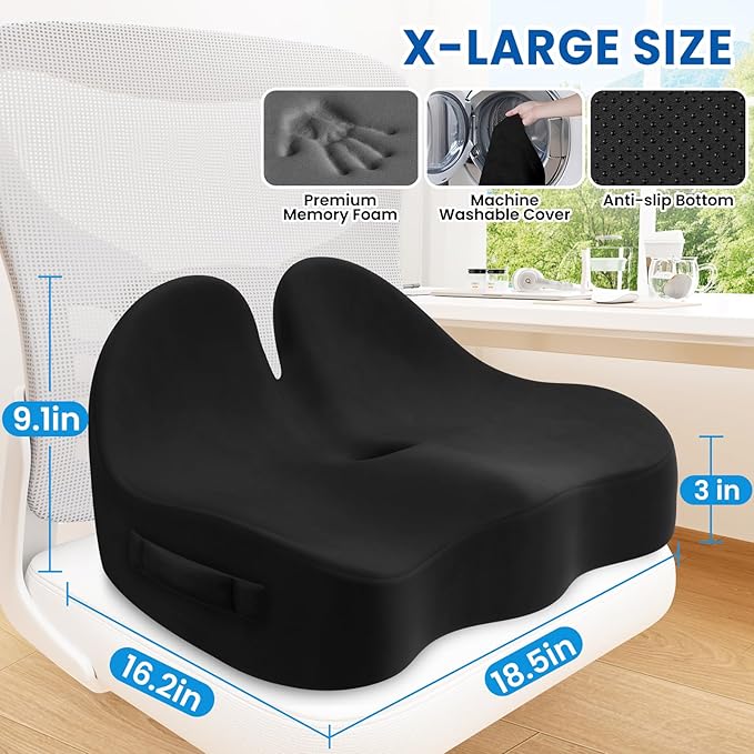 Seat Cushion, Chair Cushions for Office Chairs/Desk Seats/Wheelchair - Hip&Sciatica&Tailbone Pain Relief Memory Foam Office Chair Cushion for Long Sitting Office Workers(Black, X-Large)