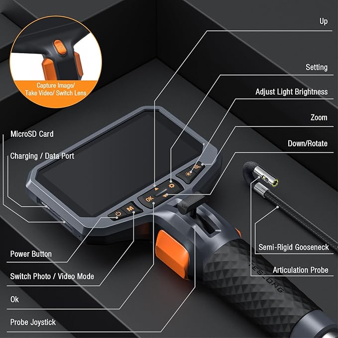 Articulating Borescope with Dual Lens Endoscope Camera, Teslong Two-Way Articulated Industrial Inspection Camera with LED Light, Flexible Mechanic Fiber Optic Snake Scope Cam for Wall Automotive-5FT