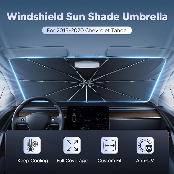 Autorder Windshield Sun Shade Umbrella for 2015-2020 Chevy Chevrolet Tahoe SUV Accessories,Upgraded Ice Crystal Material,Easy Setup Umbrella Sunshade for Car Windshield,100% Sun Blocking