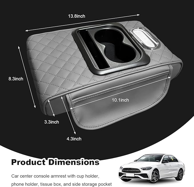 Car Center Console Armrest Pillow, Multifunctional Armrest Box Cover with Cup Phone Tissue Holder & Side Pockets, Waterproof Leather Middle Console Cushion for Most Vehicles (Gray, Embroidered)