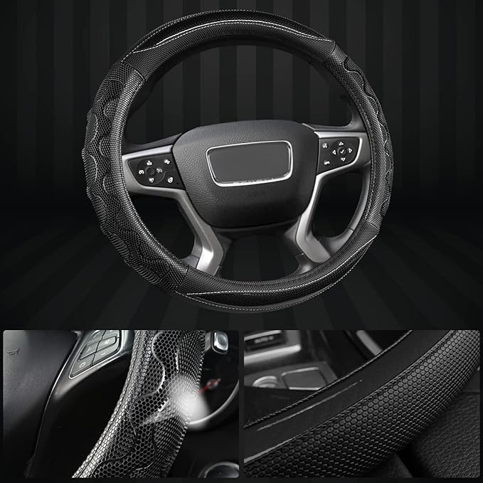 GIANT PANDA Steering Wheel Cover for GMC Sierra Acadia Terrain Yukon(3D Honeycomb-Black-Standard Size)