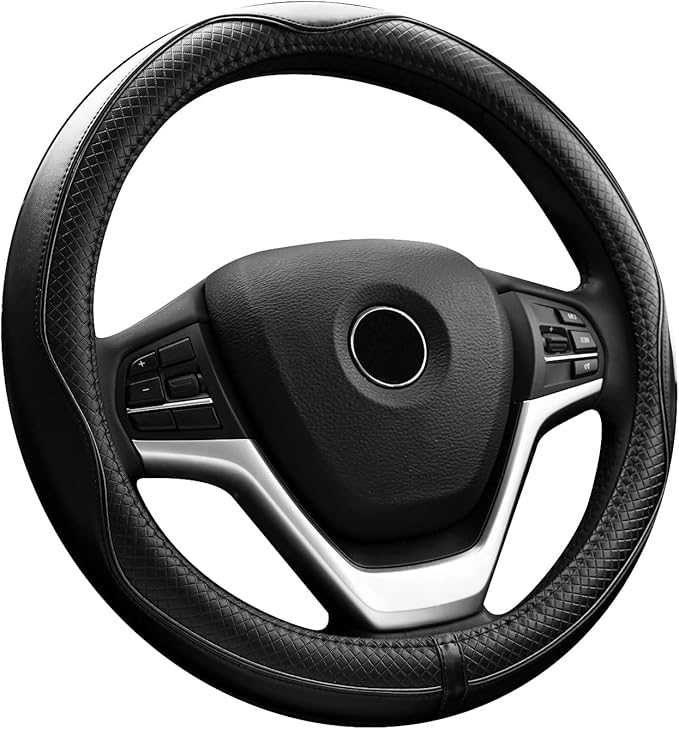 Valleycomfy Steering Wheel Covers Universal 15.75 inch - Genuine Leather, Breathable, Anti Slip & Odor Free (Black with Black Lines, L(15" 1/2-16"))