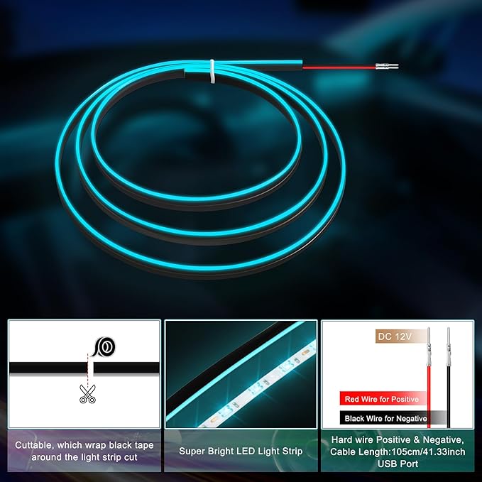 Acrylic Interior Car LED Strip Light with 6mm Sewing Edge - 43.3 inches Ambient Lighting Kits, Neon LED Strip Light(110CM/43.3IN, Ice Blue)