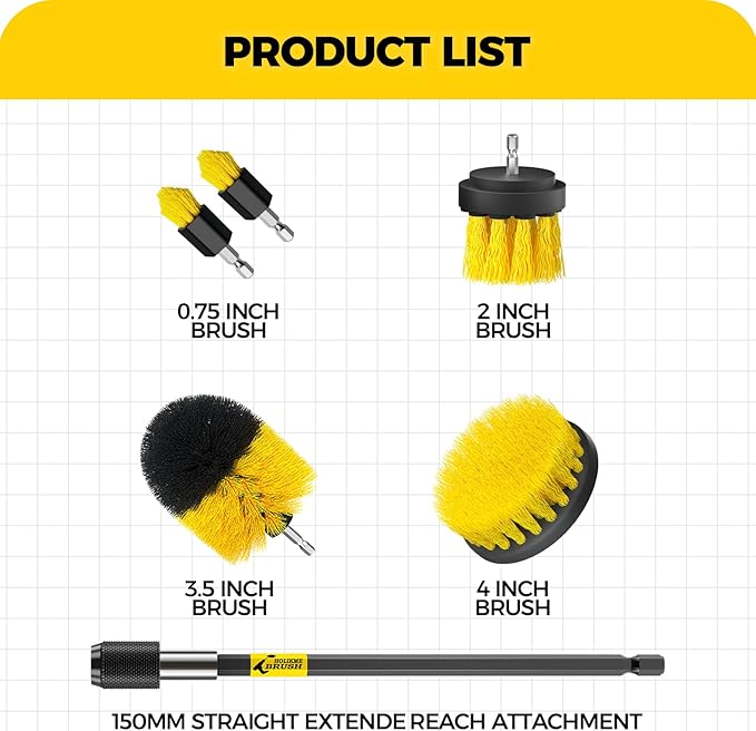 Holikme 6Pack Drill Brush Power Scrubber Cleaning Brush Extended Long Attachment Set All Purpose Drill Scrub Brushes Kit for Grout, Floor, Tub, Bathroom and Kitchen Surface,Scratch Brushes（Yellow）