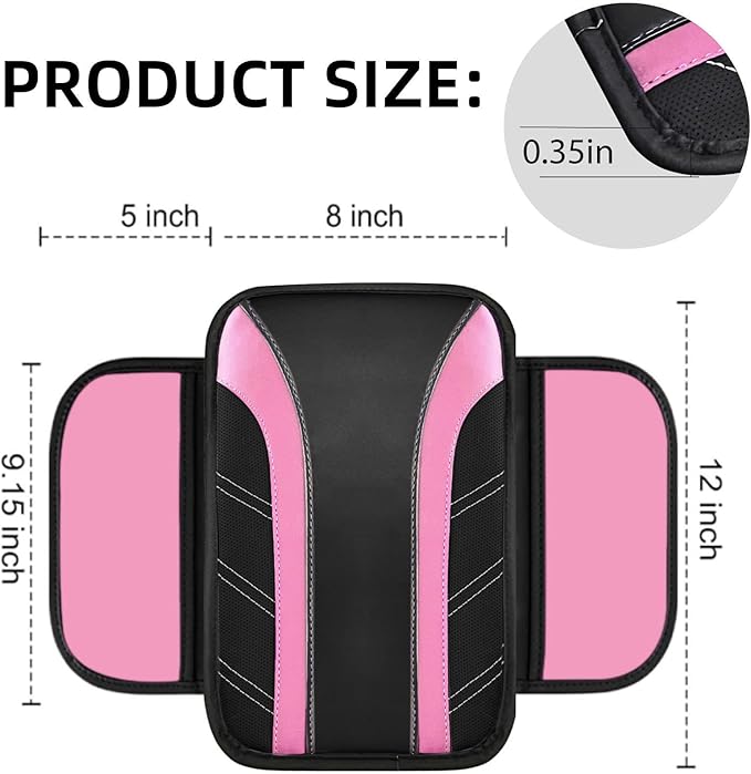 NBTEPEM Pink Center Console Cover, Sporty Leather Armrest Cover Cushion with 2 Storage Pockets, Universal Auto Middle Console Protector, Car Interior Accessories for Most SUV, Truck, Sedan Vehicles