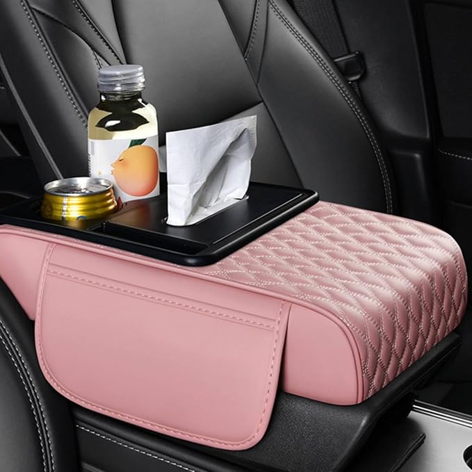 5-in-1 Car Armrest Pad Cushion, Water Ripple Embossed Center Console Booster Pad with Tissue Box, Cup Holder, Storage Bag, Phone Slot, Fit for Most Sedan Vehicles (Water Ripple Series, Pink)