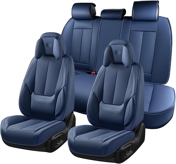 Coverado Seat Covers Full Set, 5 Seats Seat Covers for Cars, Waterproof Nappa Leather Car Seat Covers with Head Pillow, Seat Protectors Car Seat Cushion Universal Fit for Most Cars (Blue)