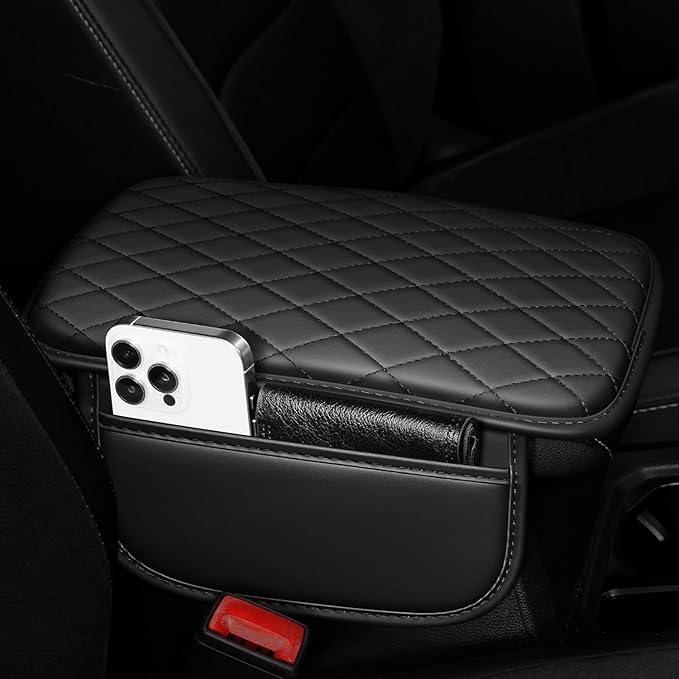 Center Console Cover Fit for Kia Sportage 2005-2025 with 2 Storage Bags Waterproof Leather Quilted Pattern Car Armrest Cover Cushion Anti - Slip(Black)
