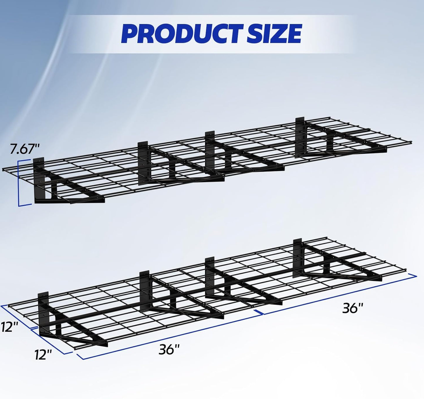 2-Pack Garage Wall Shelving, 2x6 FT Garage Shelving Wall Mounted, Heavy Duty Metal Shelves with 8 Bike Hooks, 1200lbs Load Capacity Floating Shelves, 24-inch-by-72-inch Wire Shelving Wall Mounted