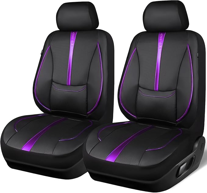 CAR PASS Nappa Leather Car Seat Covers, Water Resistant 3D Foam Faux Leather Seat Covers, Lumbar Support Automotive Seat Covers 2 Front Seats, Comfort & Universal Fit for Cars SUV Truck, Black Purple
